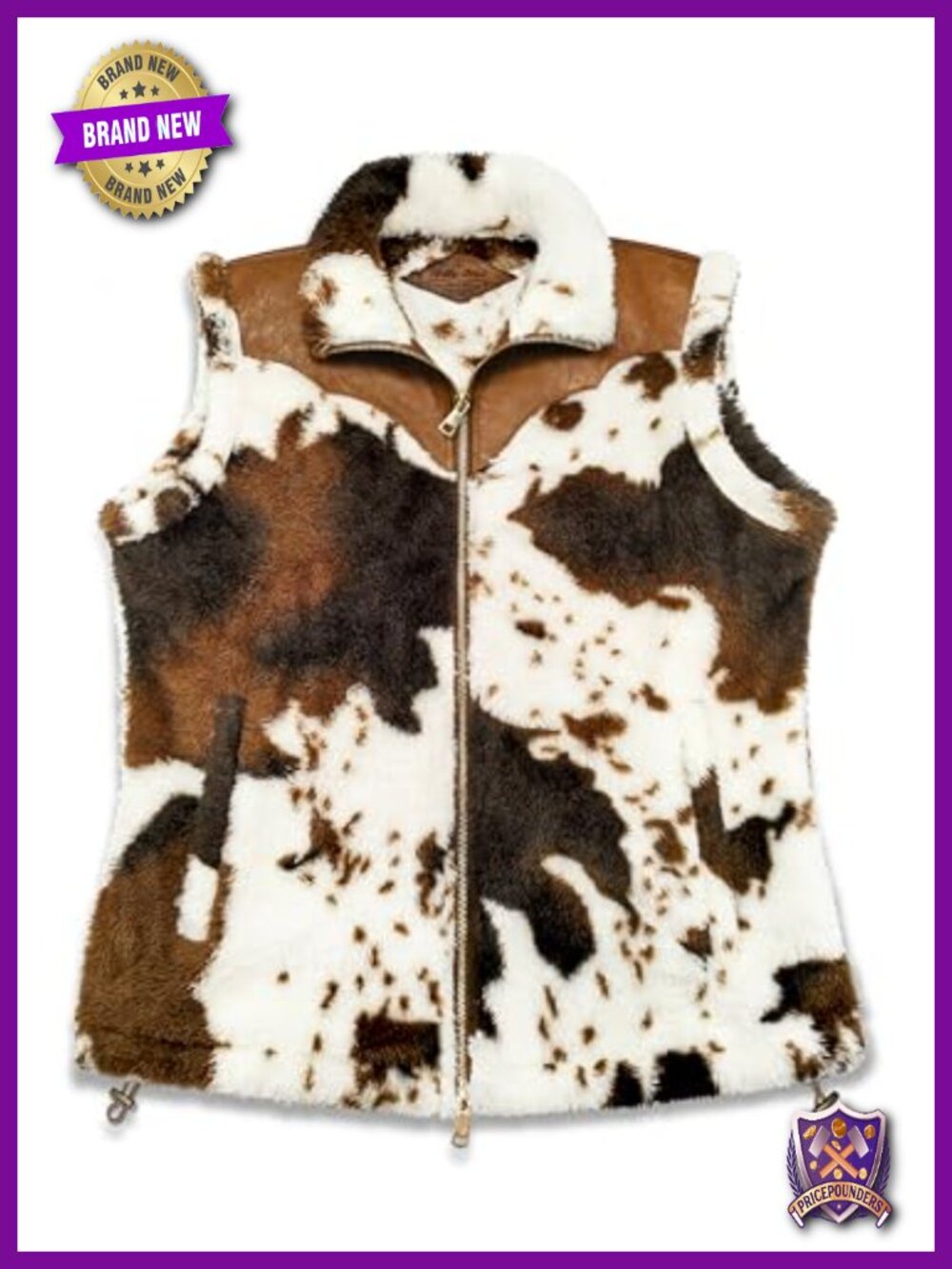Fleece Faux Sherpa Vest Vegan Leather Collar Cow Print Sleeveless Outerwear
